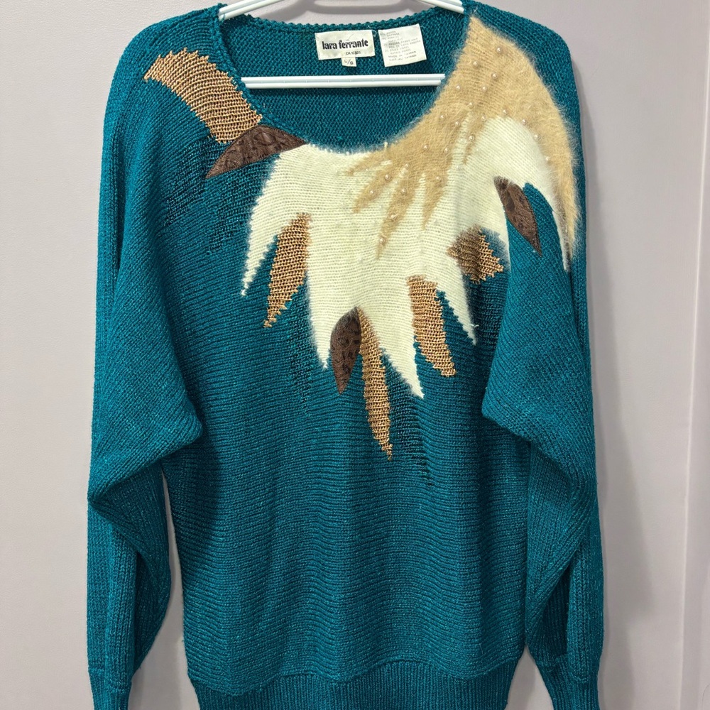Vintage 80s Lara Ferrante Angora Hair Sweater Teal Abstract Pearl Detail Knit